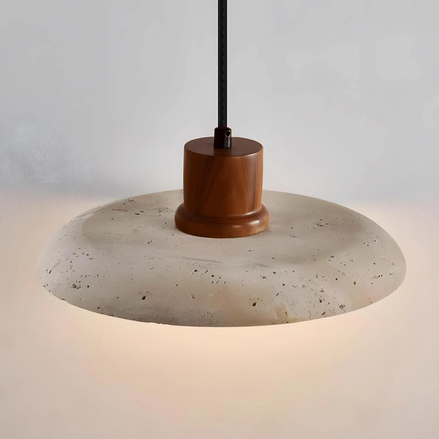 Mid-century modern inspired travertine pendant light in contemporary luxury home interior