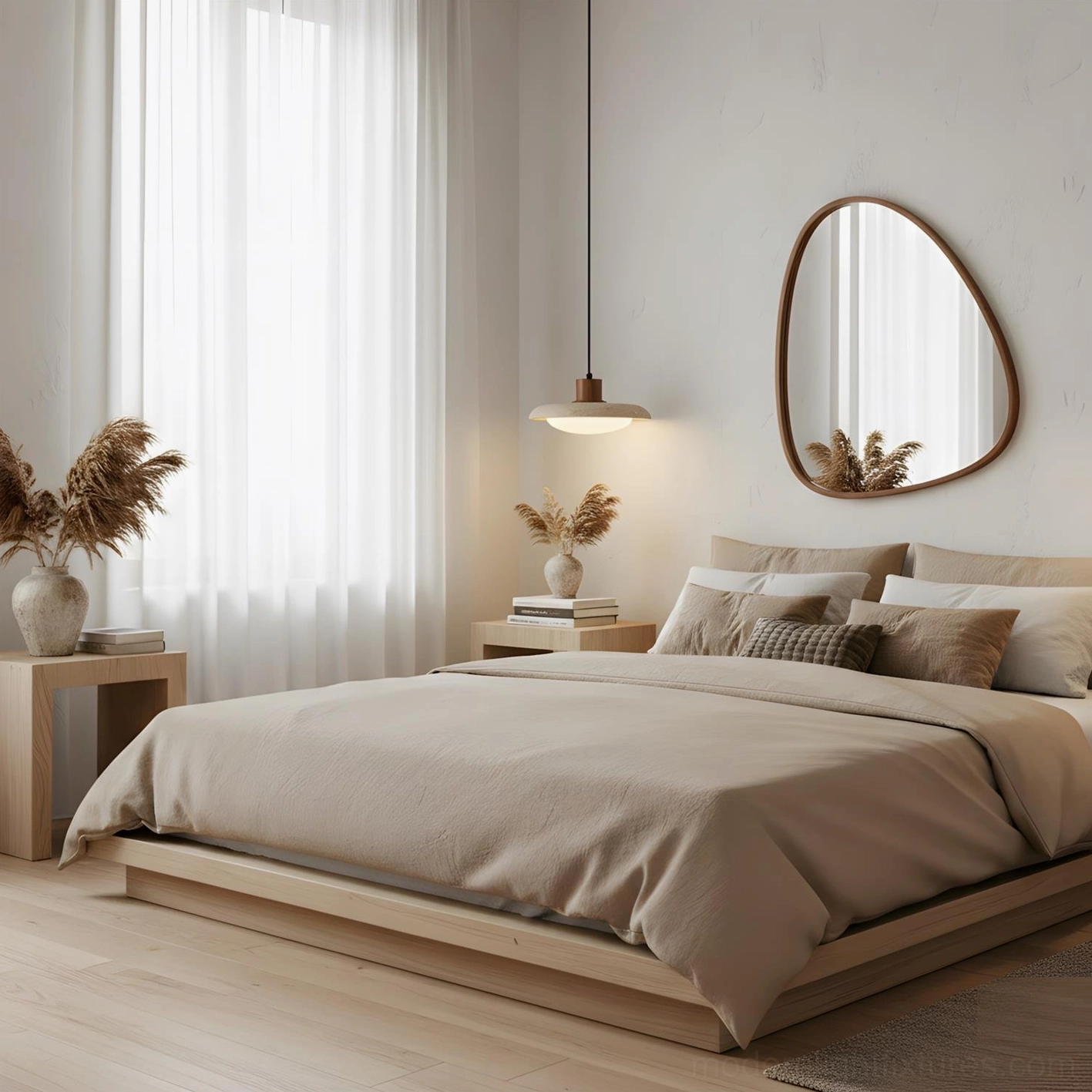 Single travertine pendant light in minimalist master bedroom with oval mirror and warm ambient lighting