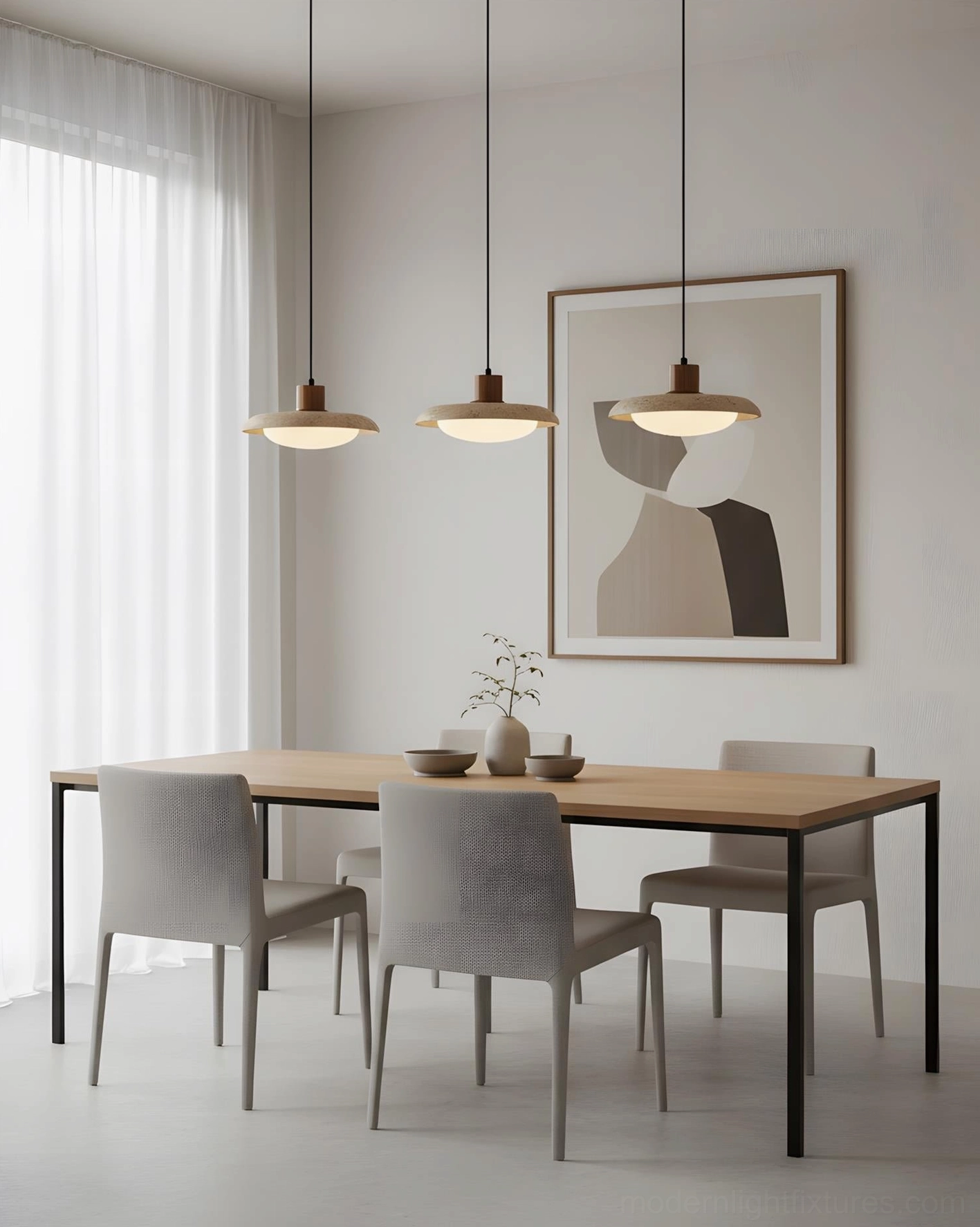 Travertine pendant lamp mounted on sloped ceiling demonstrating adjustable installation capability