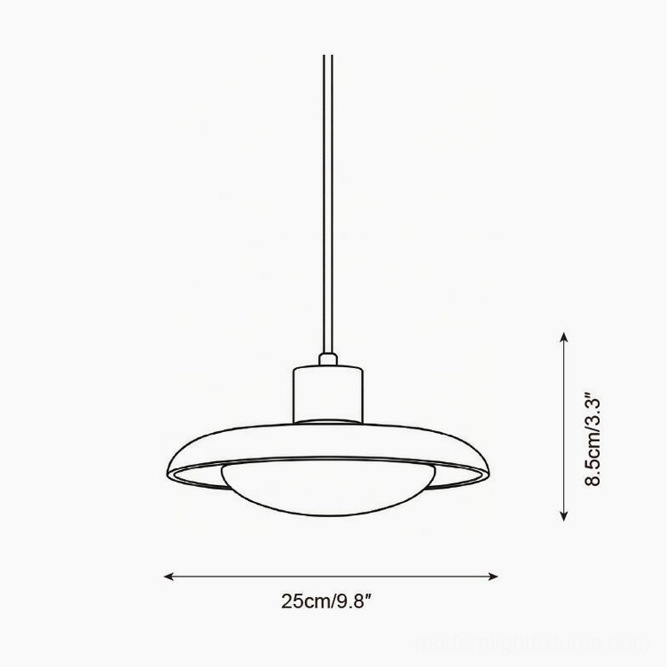 Technical line drawing of single travertine pendant light showing 25cm diameter and 8.5cm height specifications