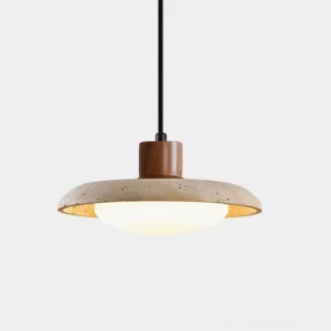 Brimwood travertine pendant light with beige stone shade and wooden collar, front close-up view in studio setting