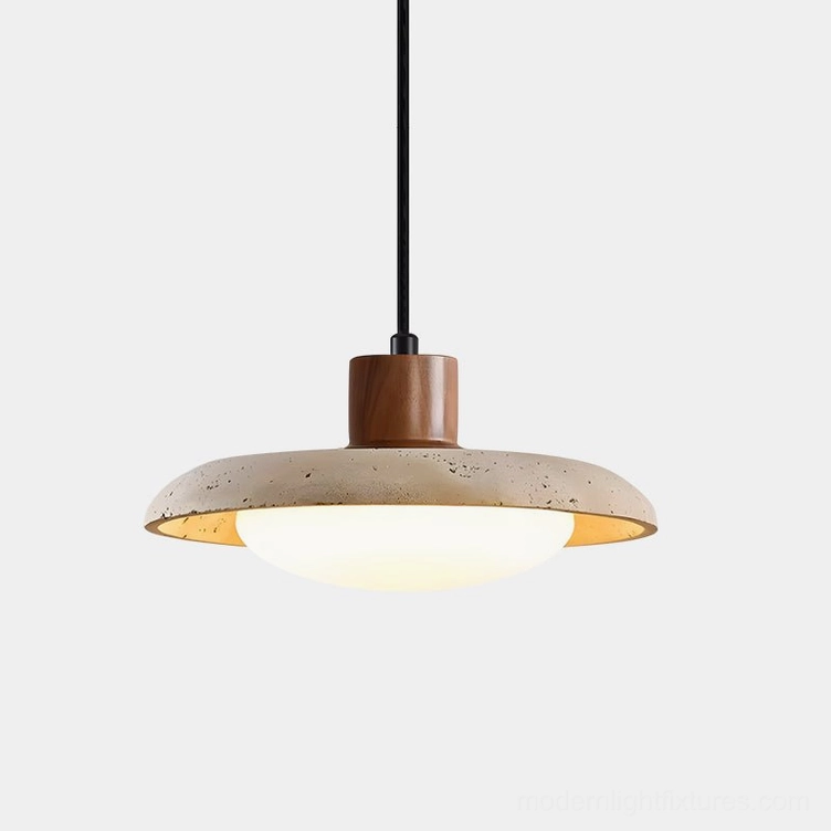 Brimwood travertine pendant light with beige stone shade and wooden collar, front close-up view in studio setting