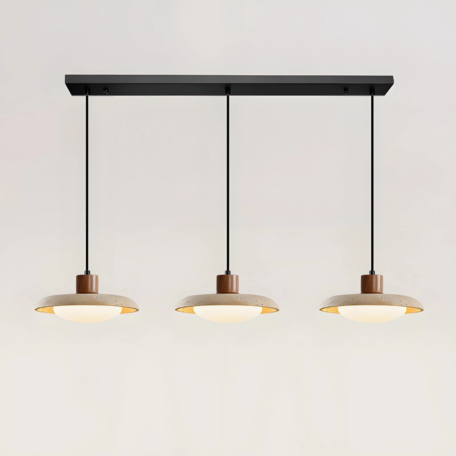 Triple travertine pendant lights L 80cm configuration professional dining space with ambient warm lighting