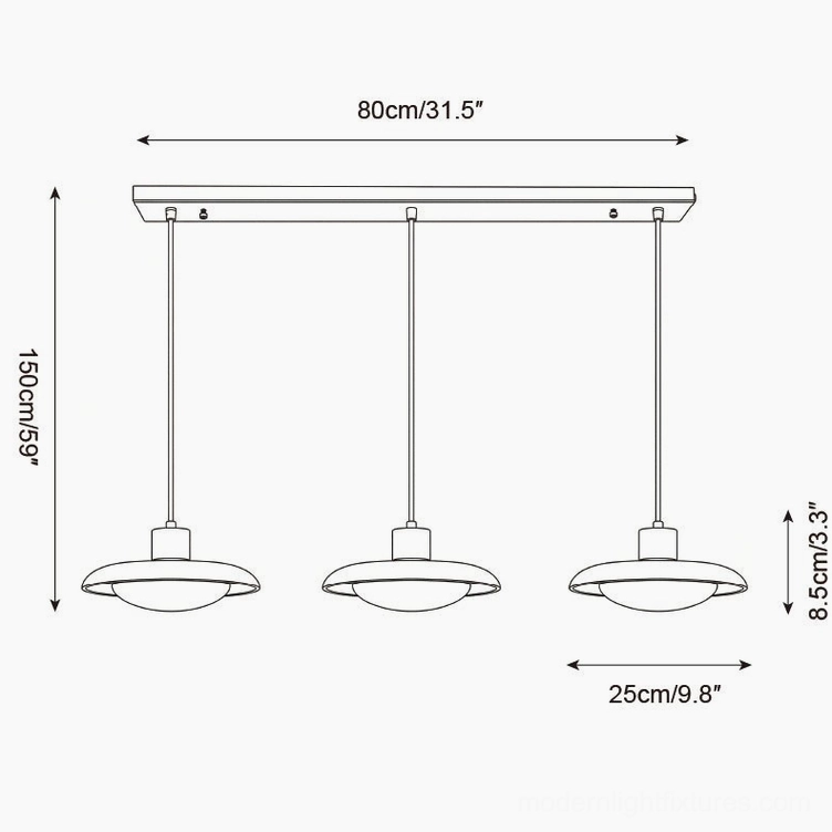Technical line drawing of triple travertine pendant light system with 80cm mounting bar and specifications