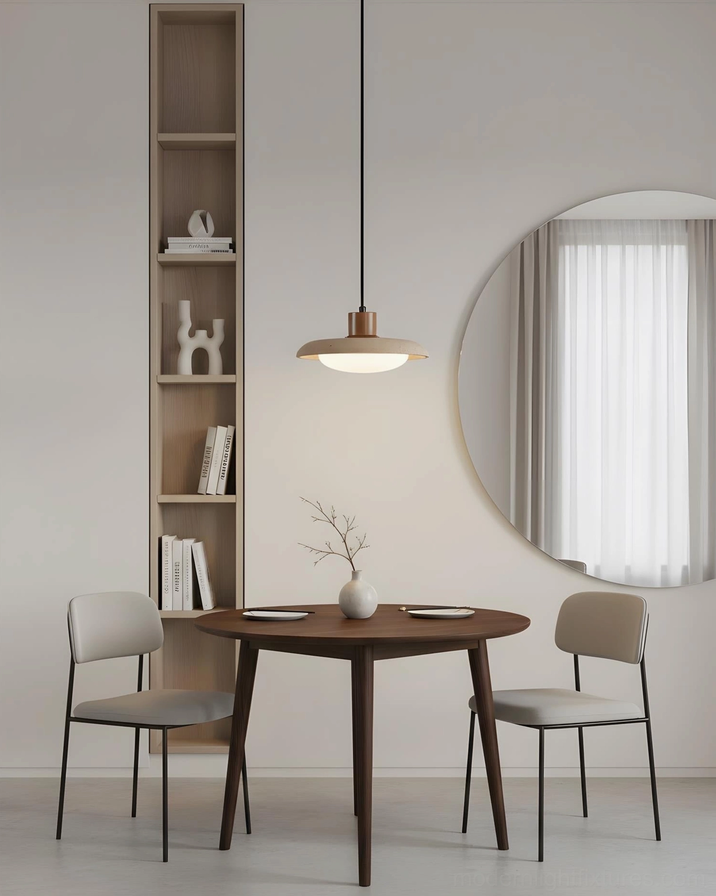 Walnut and beige travertine pendant light showcasing warm color combination and wood finish