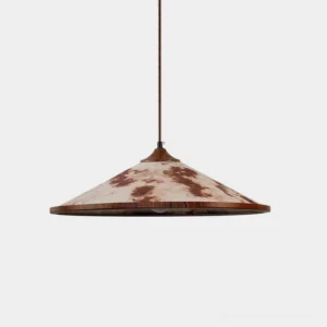 Brindle wabi-sabi pendant light with marbled rice paper shade and wooden top, overhead studio view