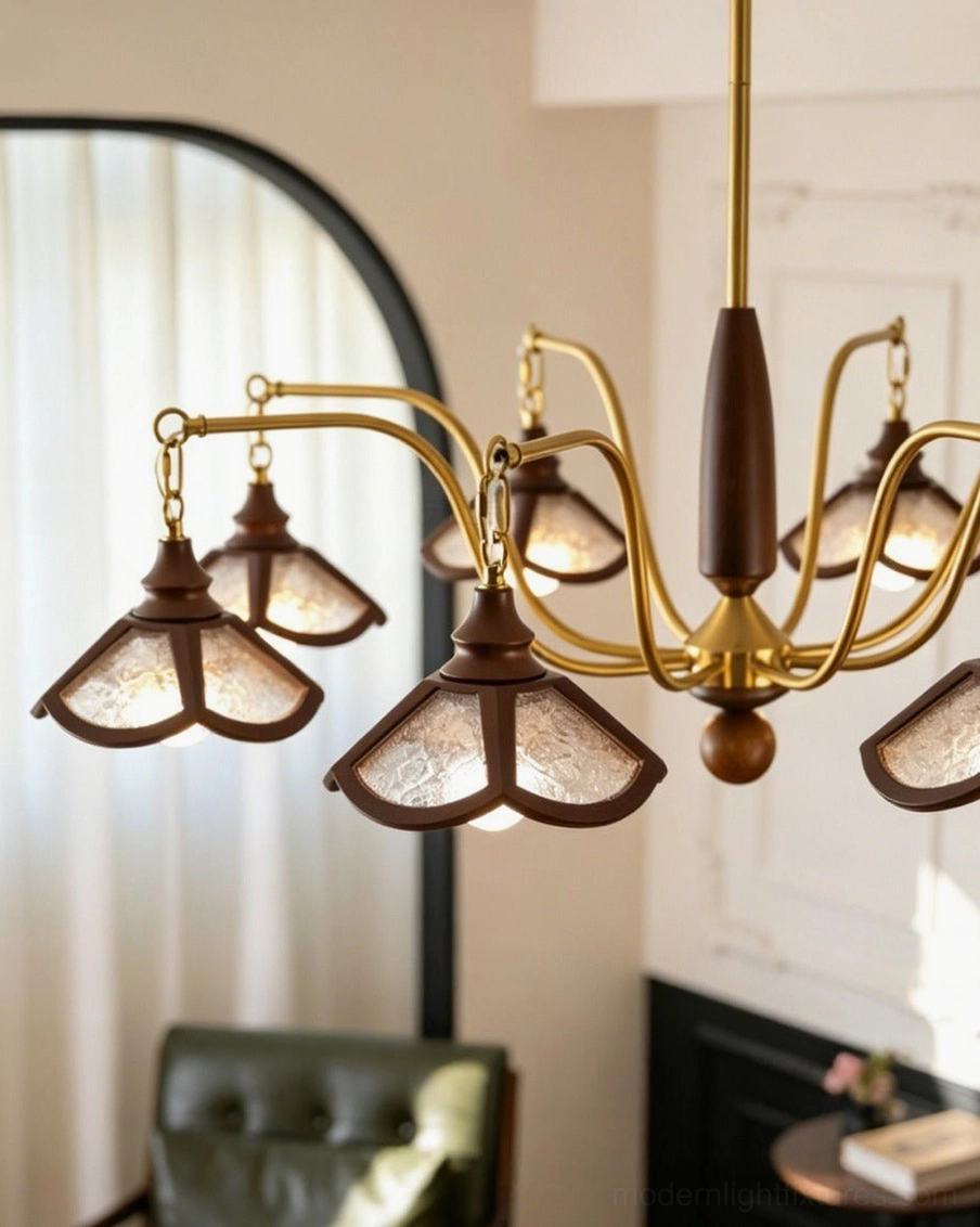 5-light Brindlea wood and brass chandelier, compact version for standard dining room or bedroom, warm light output demonstration