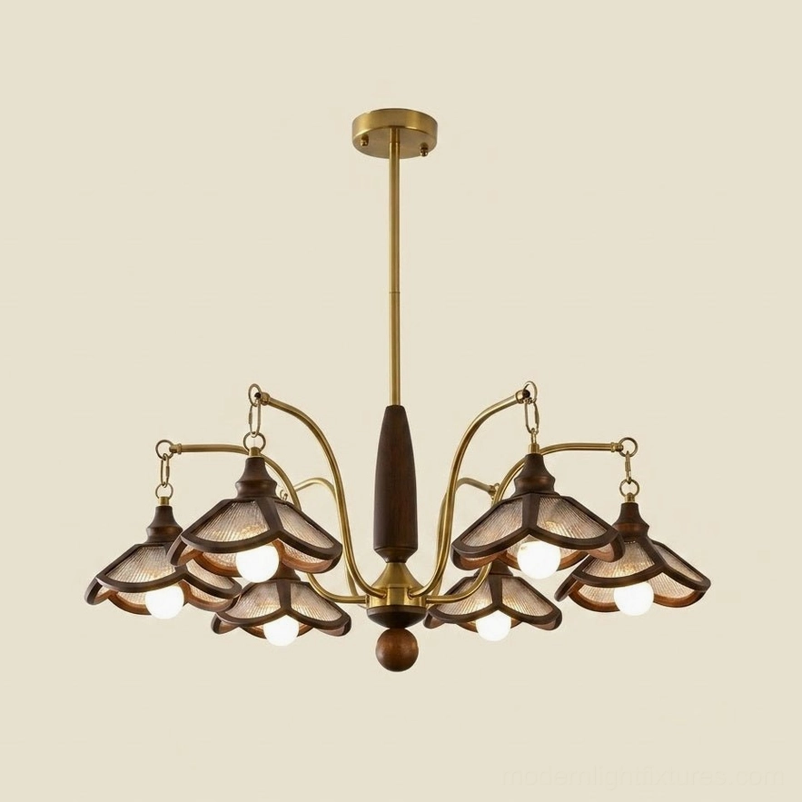 Brindlea 6-light wood and brass chandelier, standard dining room size with warm white light output, product variation 84cm