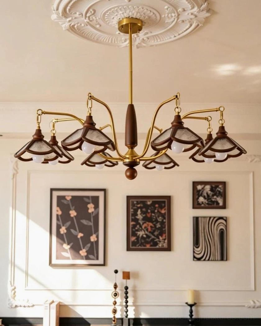 6-light Brindlea wood and brass vintage chandelier, 33-inch diameter mid-sized configuration with increased brightness