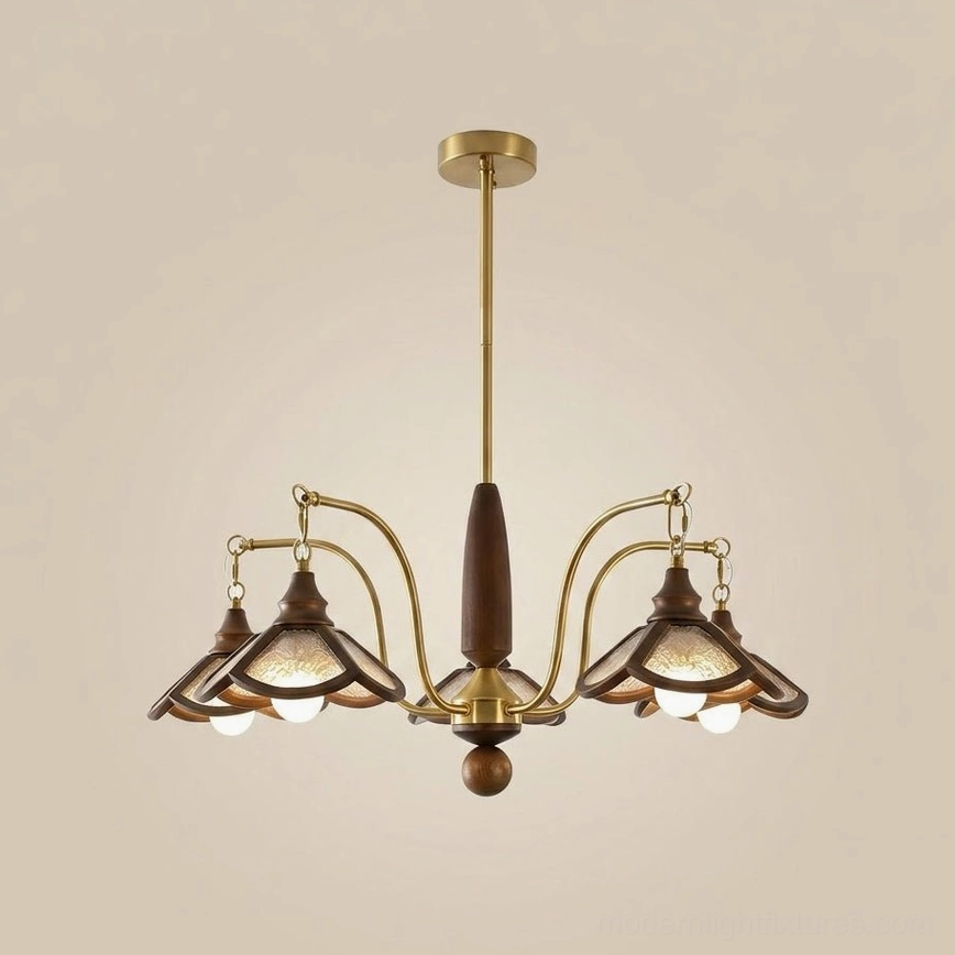 Brindlea 6-light vintage chandelier, 33-inch diameter walnut wood and brass-tone design with amber acrylic cone shades
