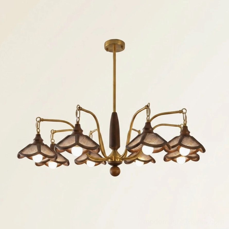 Brindlea 8-light wood and brass chandelier, large 42.5-inch diameter statement piece with 108cm width, warm brass finish
