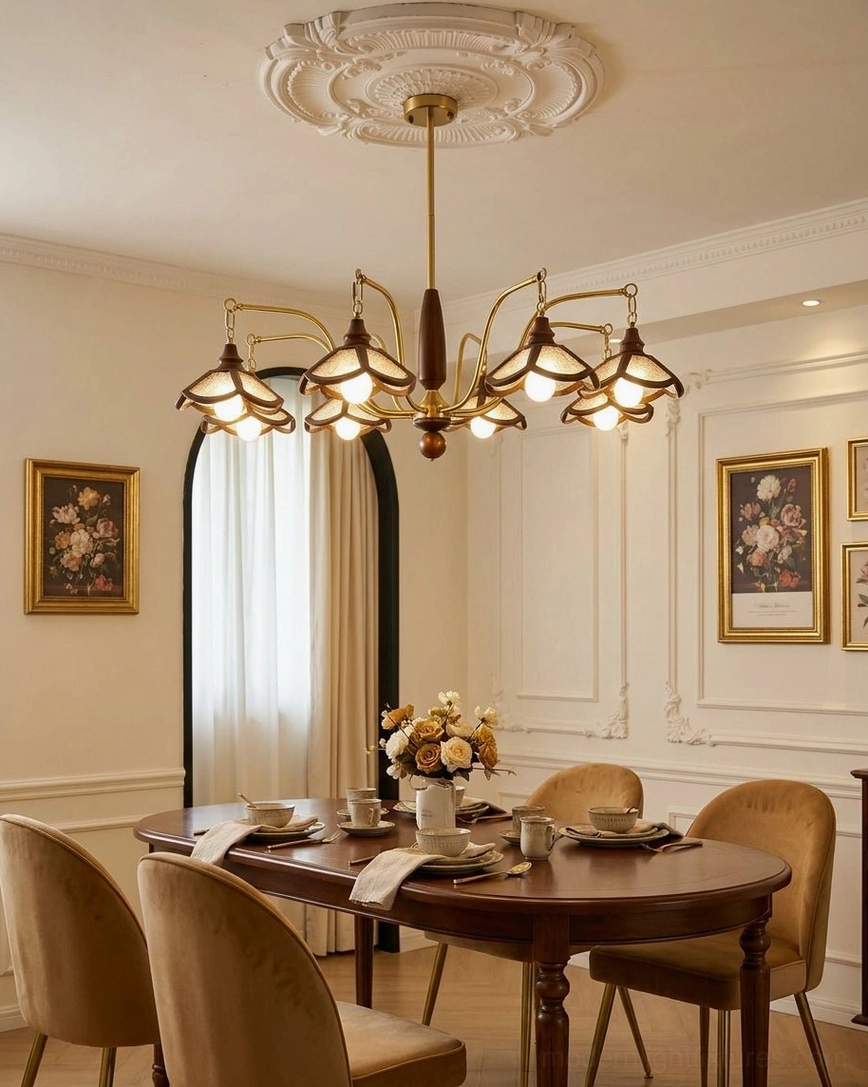8-arm vintage wood chandelier mounted above wooden dining table in high-ceilinged room, warm amber glow illuminating formal dining setting