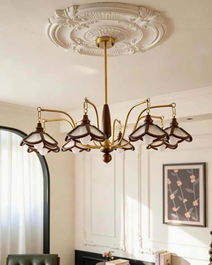 8-light Brindlea vintage wood and brass chandelier, 42.5-inch diameter large statement fixture for foyers and great rooms