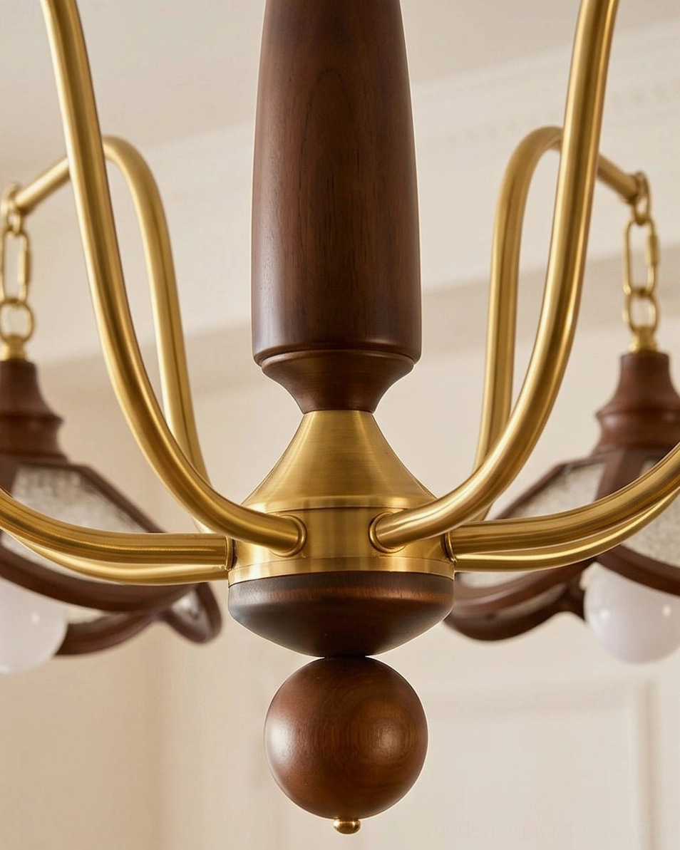 Brindlea vintage chandelier canopy and downrod mounting hardware detail, brass-tone metal finish, hardwired installation