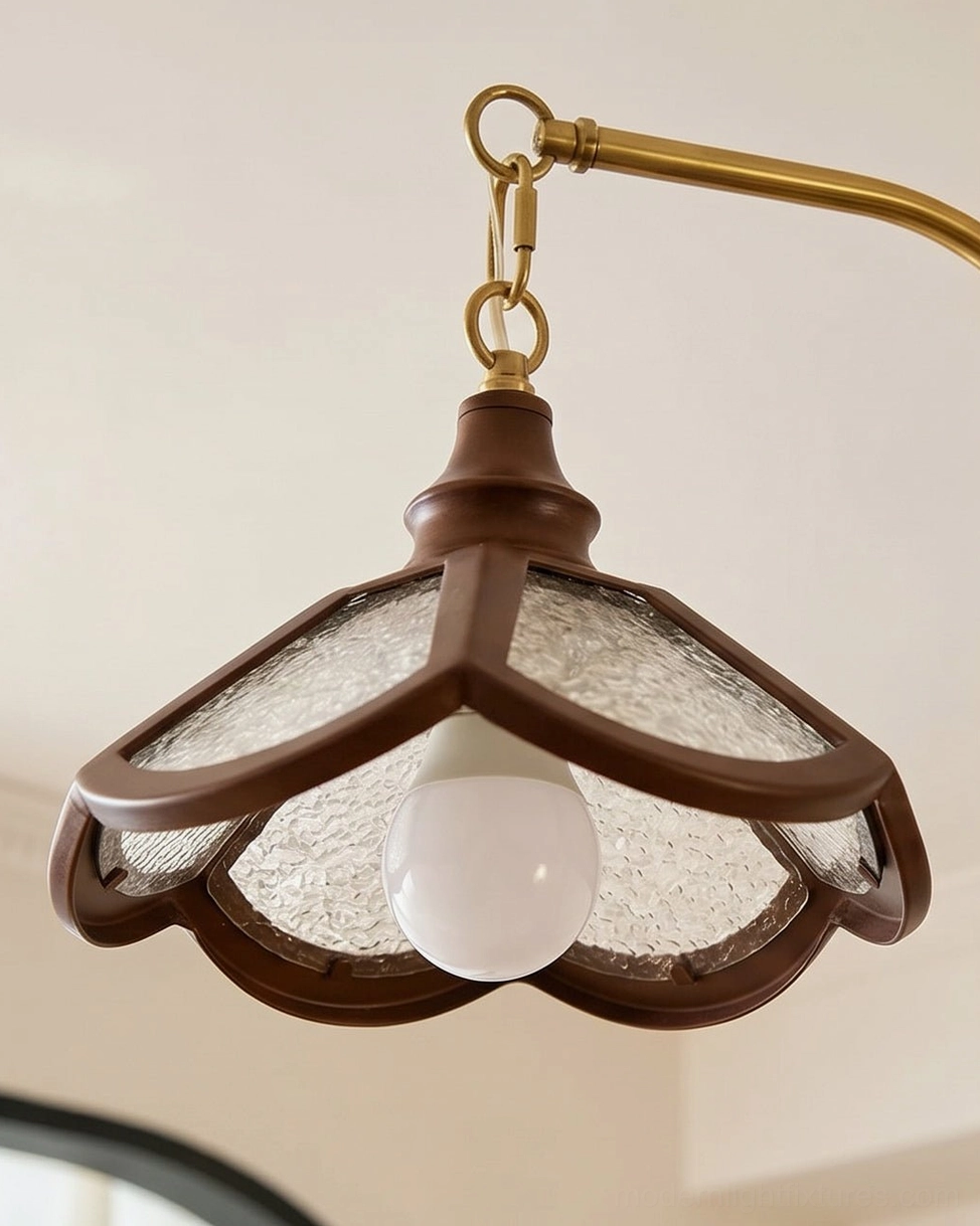 Vintage Brindlea wood-rimmed acrylic cone shade detail showing amber panel light filtration and brass-tone arm connection