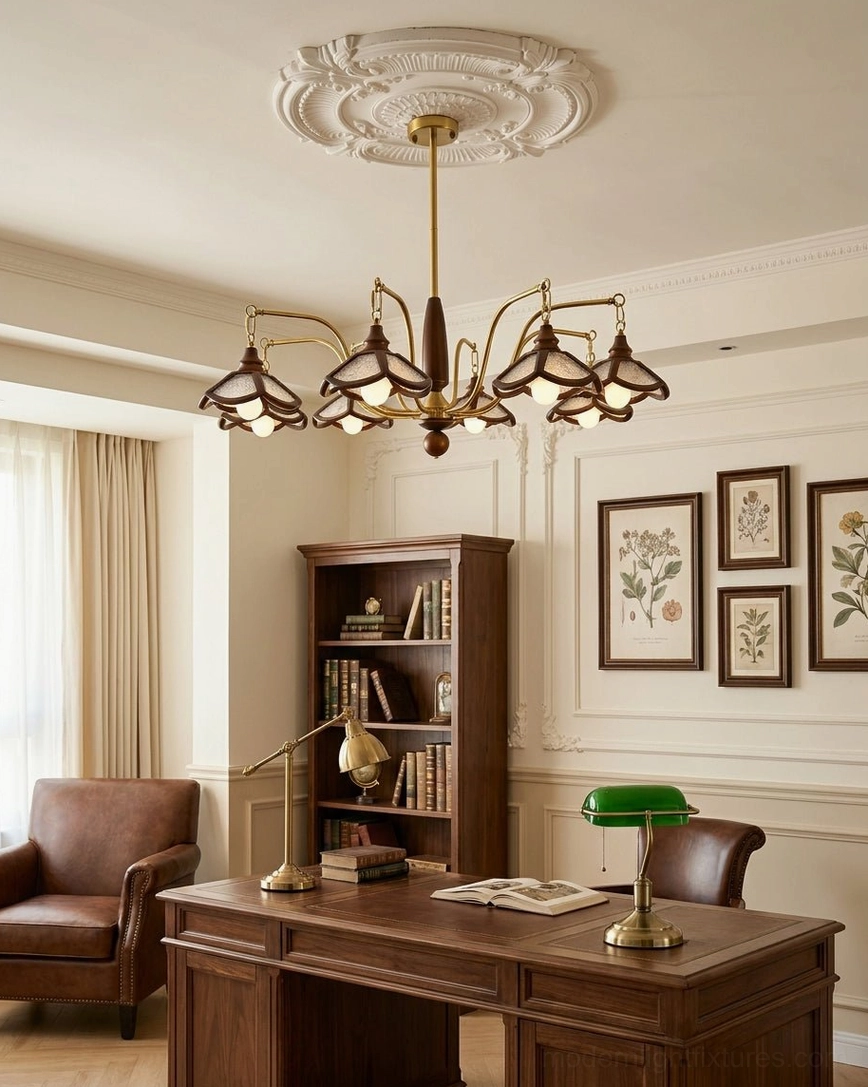 Vintage chandelier with wood column and brass arms installed in formal dining room with ornate ceiling medallion, warm accent lighting