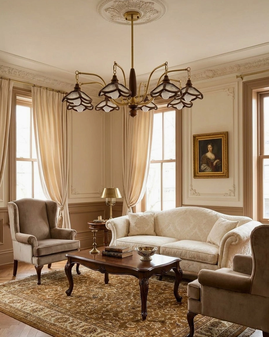 Vintage mid-century chandelier with ornate ceiling rose in formal living room, warm brass and wood tones, neutral interior decor