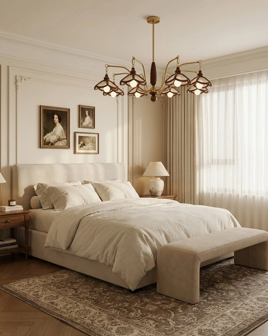 Wood and brass vintage chandelier in warm master bedroom with soft ambient lighting, minimalist bedroom setting