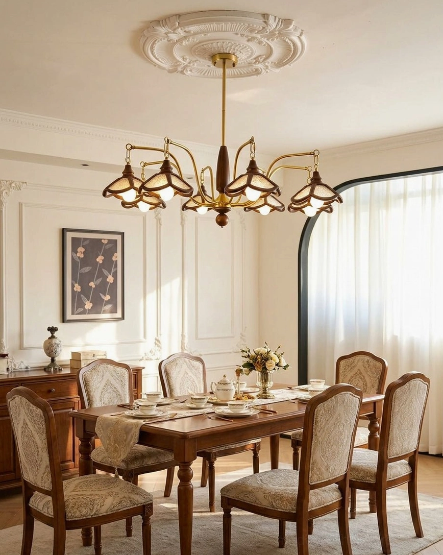 Vintage wood-and-brass multi-arm chandelier in large formal dining room with traditional upholstered chairs and wooden furniture