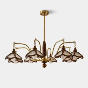 Brindlea 8-light vintage wood and brass chandelier with amber acrylic cone shades, studio product view on white background