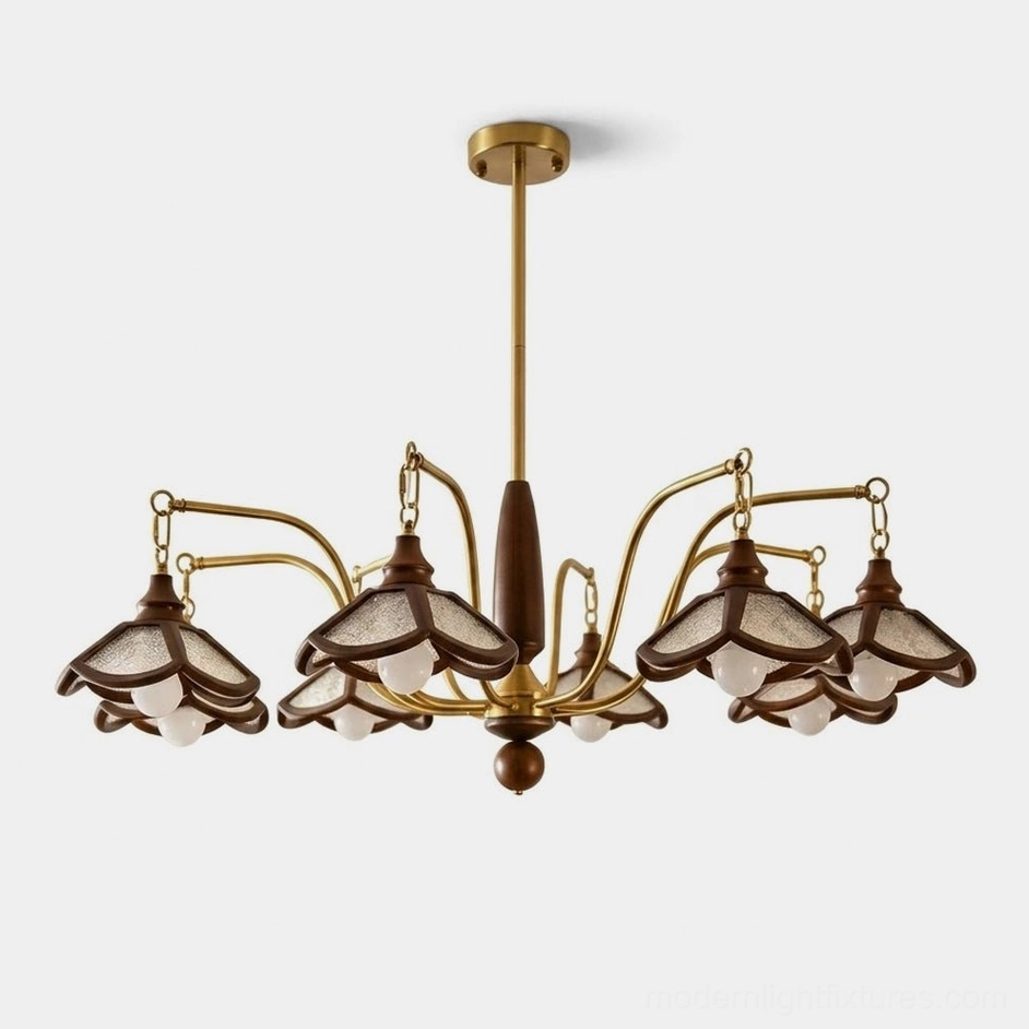 Brindlea 8-light vintage wood and brass chandelier with amber acrylic cone shades, studio product view on white background