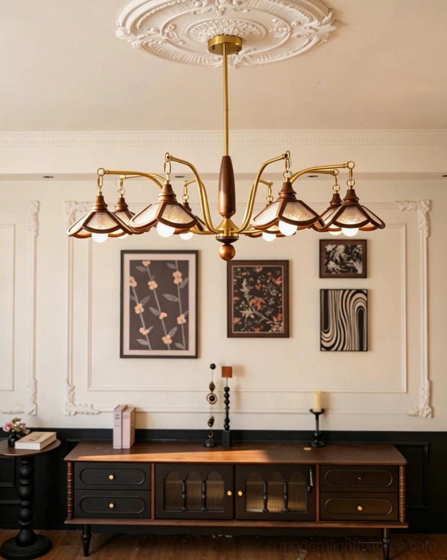 Brindlea vintage multi-light chandelier close-up view of wood-rimmed amber acrylic cone shade construction and brass hardware finish
