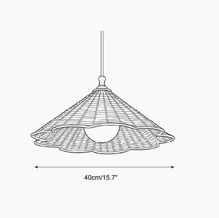 Brinora woven rattan pendant technical drawing schematic showing 40cm diameter 15.7 inch shade