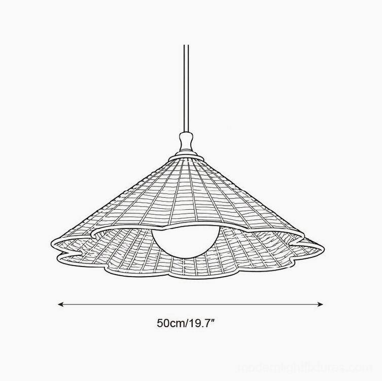 Brinora woven rattan pendant technical drawing schematic showing 50cm diameter 19.7 inch shade