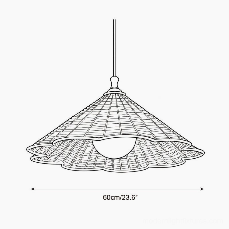 Brinora woven rattan pendant technical drawing schematic showing 60cm diameter 23.6 inch shade