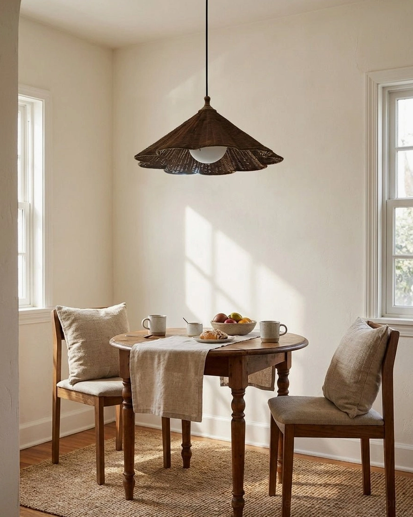 Hand-woven rattan pendant light installed over small dining nook with warm minimalist rustic decor