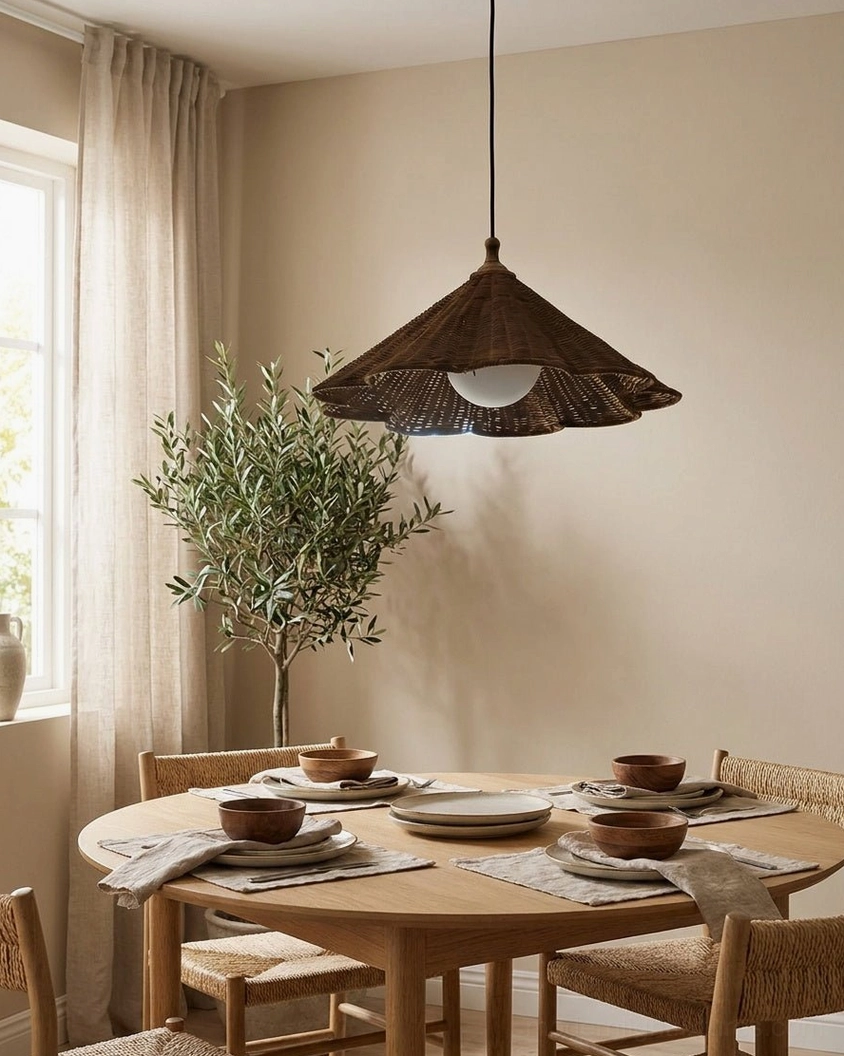 Rattan pendant light hung above wooden dining table with potted plant in rustic farmhouse room
