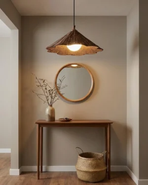 Hand-woven rattan pendant light installed in bohemian entryway with console table and round mirror