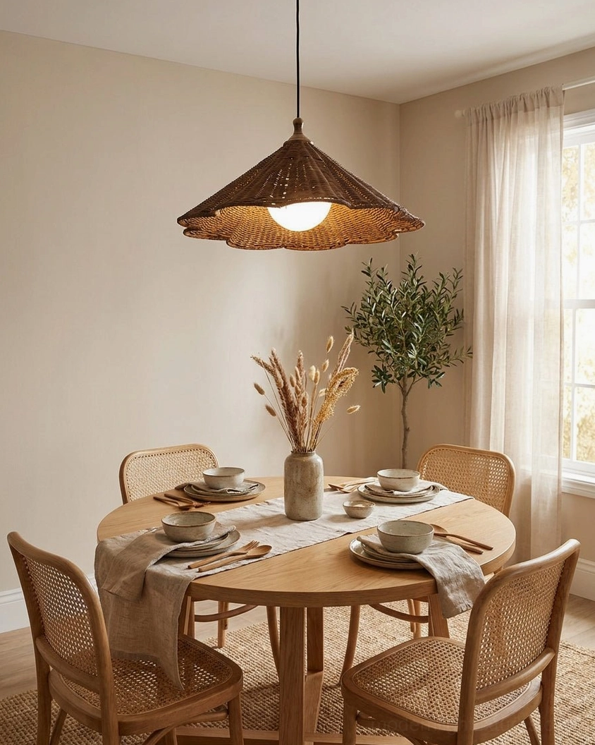Rattan woven pendant fixture in formal family dining room with set table and boho farmhouse style