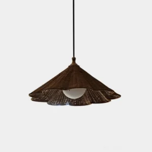 Brinora hand-woven rattan pendant light with dark brown scalloped shade and exposed E27 bulb on white background