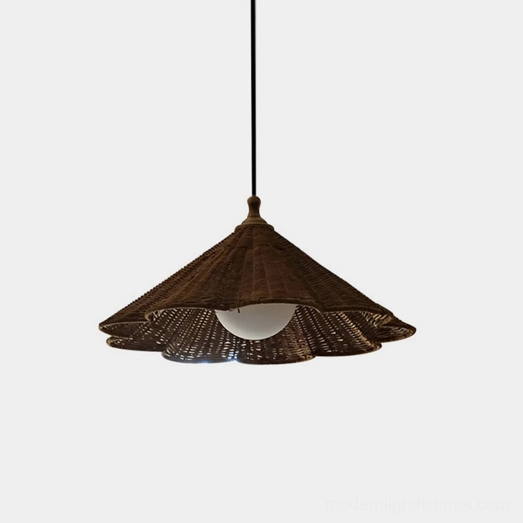 Brinora hand-woven rattan pendant light with dark brown scalloped shade and exposed E27 bulb on white background
