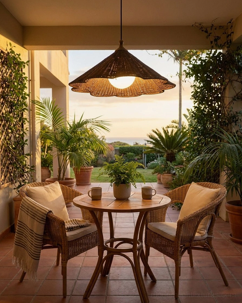 Woven rattan pendant fixture in outdoor tropical patio dining area with resort boho aesthetic