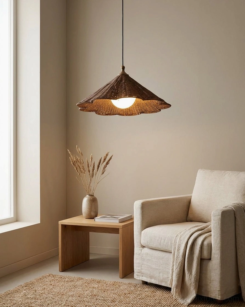 Dark brown woven rattan pendant shade with scalloped rim and adjustable 150cm hanging cord