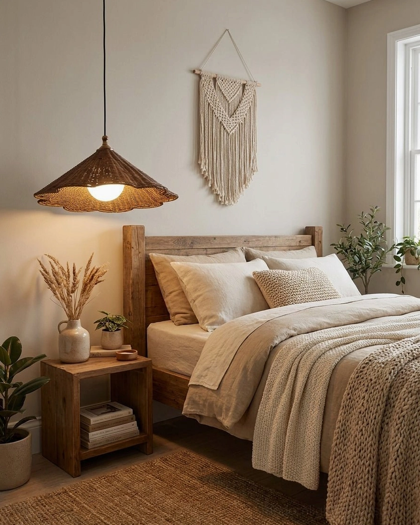 Hand-woven rattan pendant light with scalloped rim shade casting warm patterned glow indoors