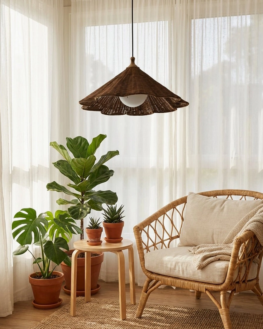 Brinora rattan pendant light showing open-weave construction and exposed E27 bulb socket detail