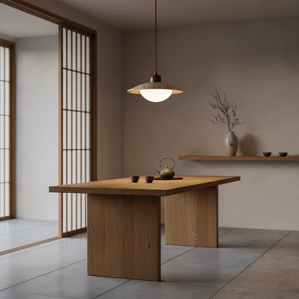 Angled view of Brio travertine pendant light fixture and wood mounting component
