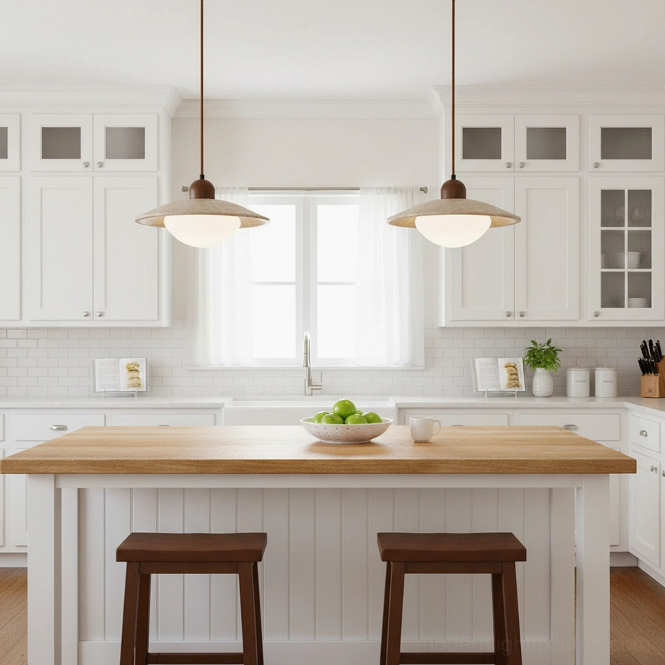 Dual Brio travertine pendant lights above modern farmhouse kitchen island