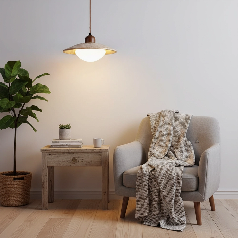 Brio travertine pendant light in living room beside grey lounge seating