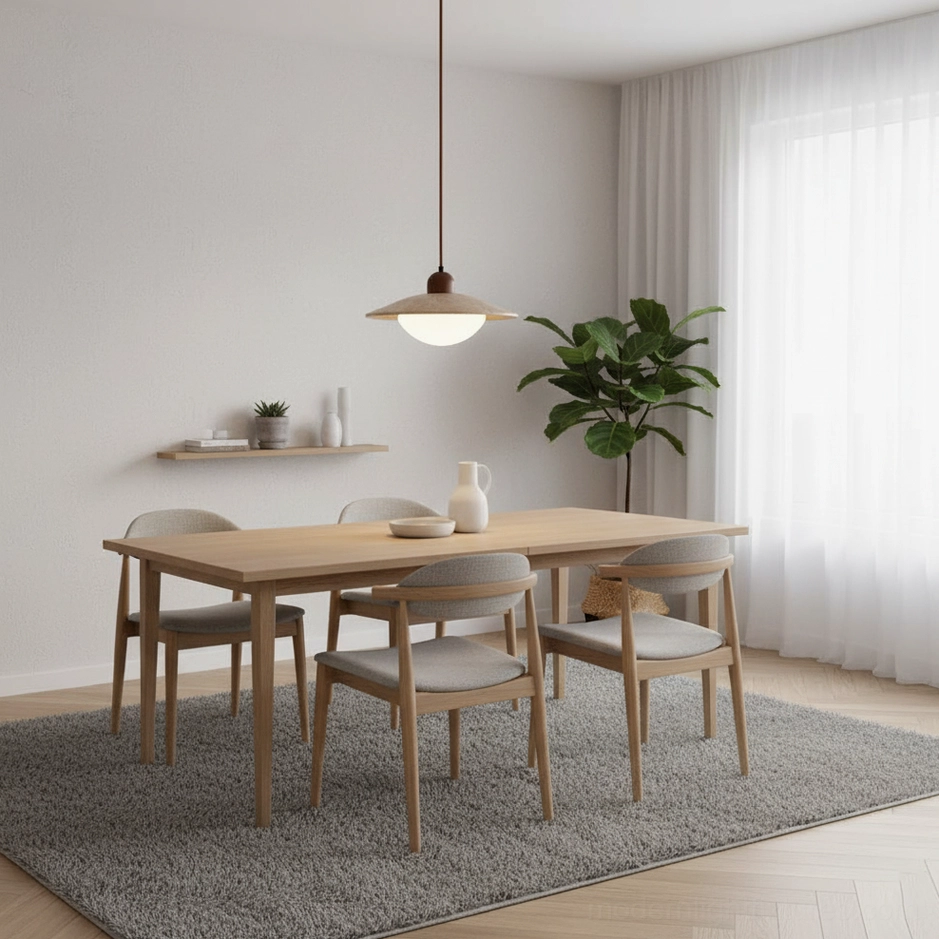 Modern minimalist dining space with Brio pendant light above wooden table and area rug