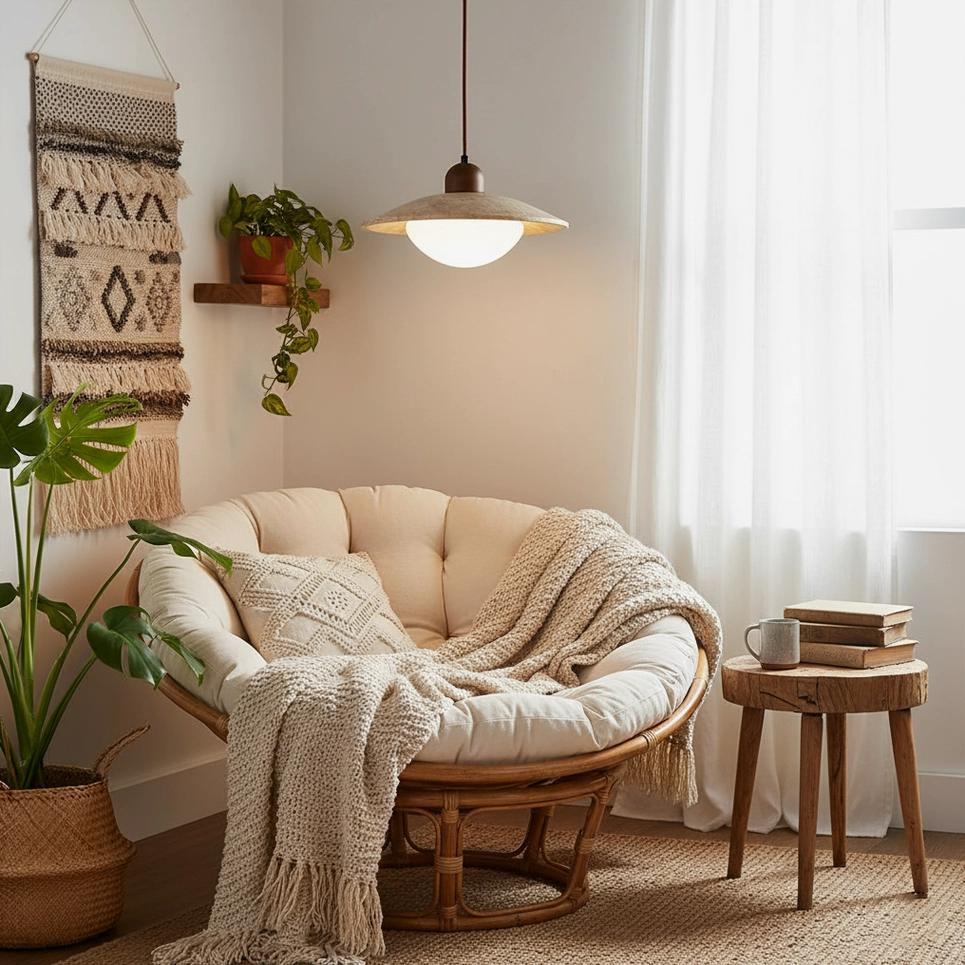 Brio pendant light hanging in bohemian reading nook with rattan chair