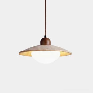 Brio rustic travertine pendant light with wood fixture studio front view