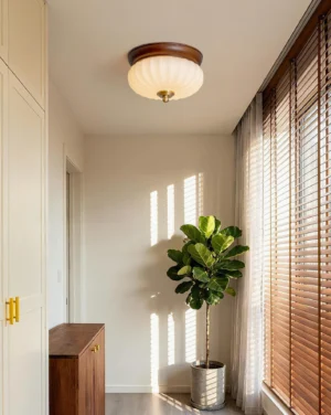 Brioche flush mount ceiling light fixture installed in warm neutral hallway entry, overhead perspective
