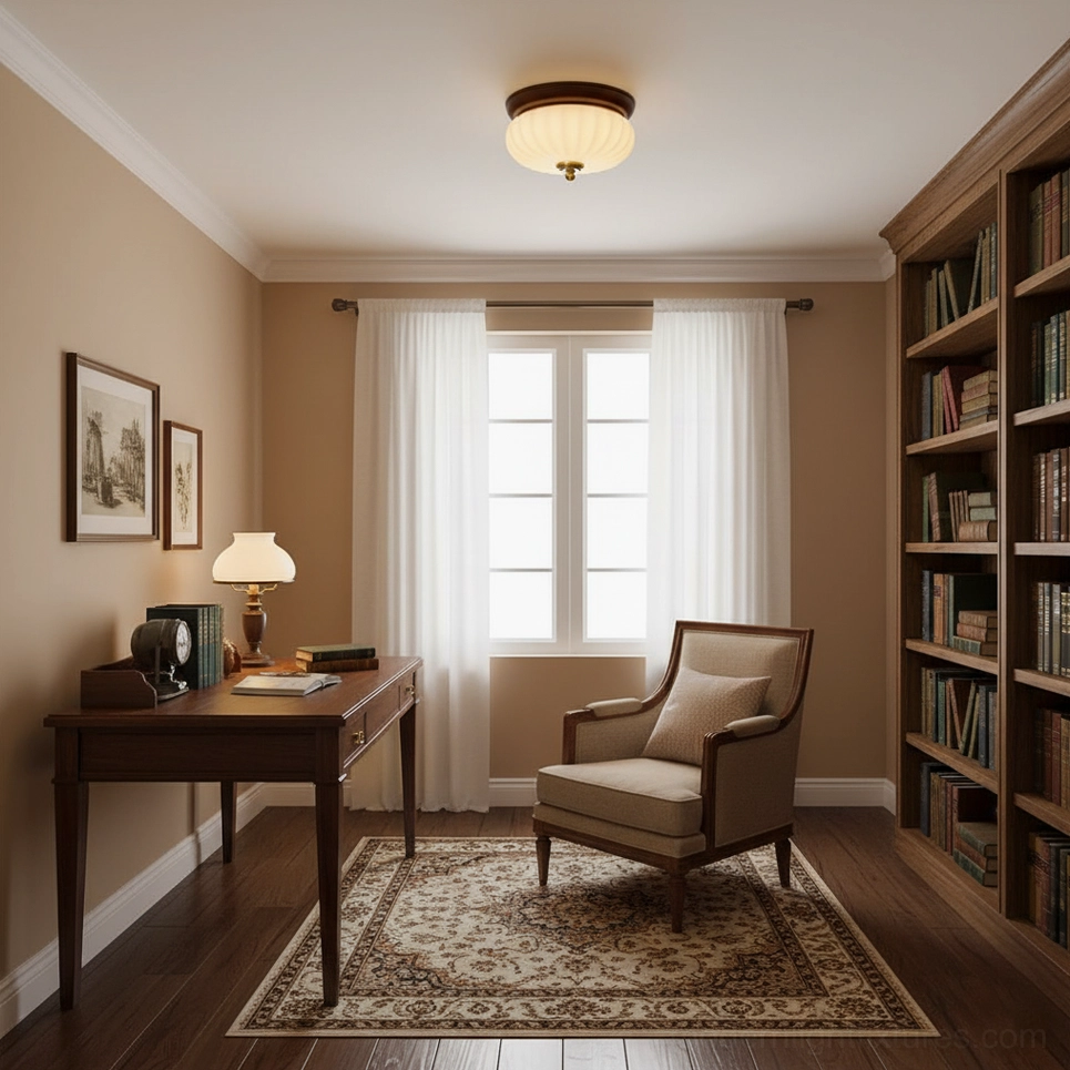 Brioche ceiling lamp overhead view in home study room with bookshelf and vintage desk setup