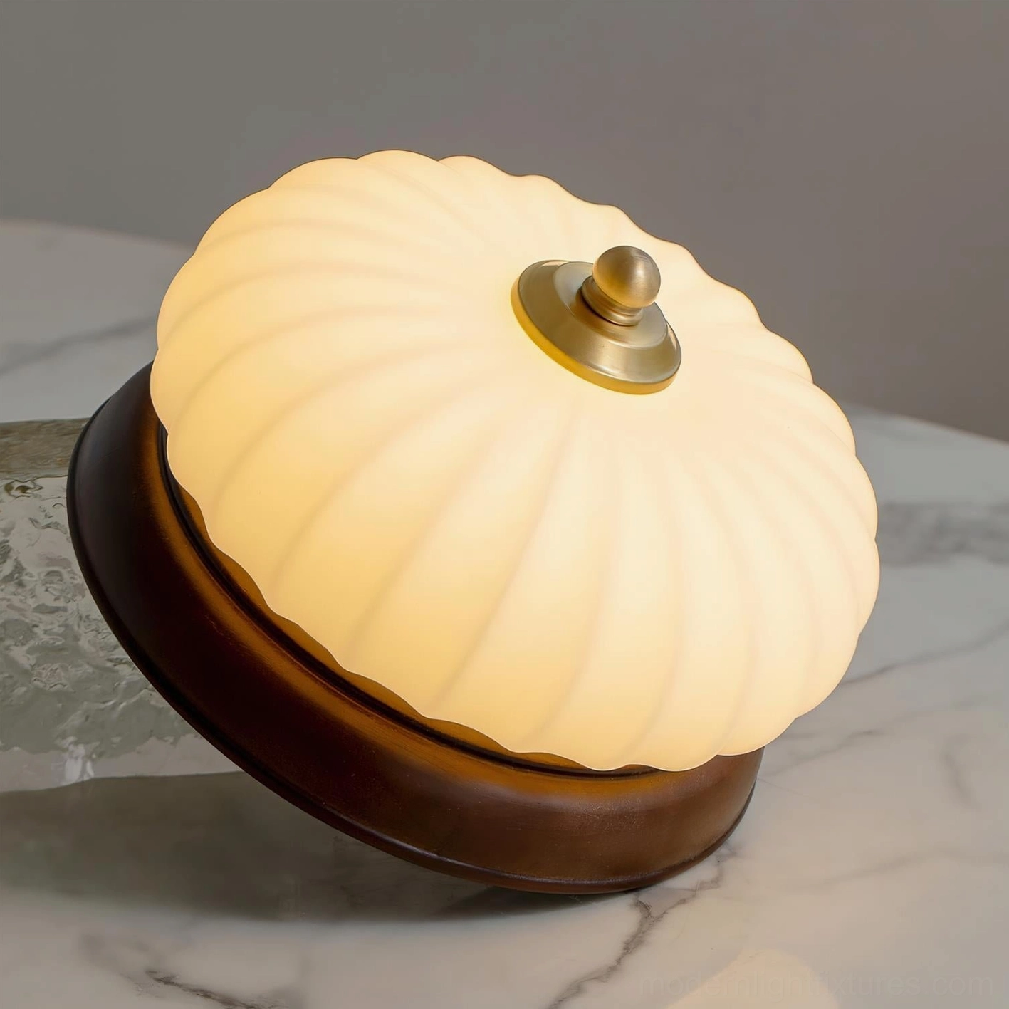 Brioche fluted glass ceiling lamp with walnut wood and brass in modern minimalist room setting