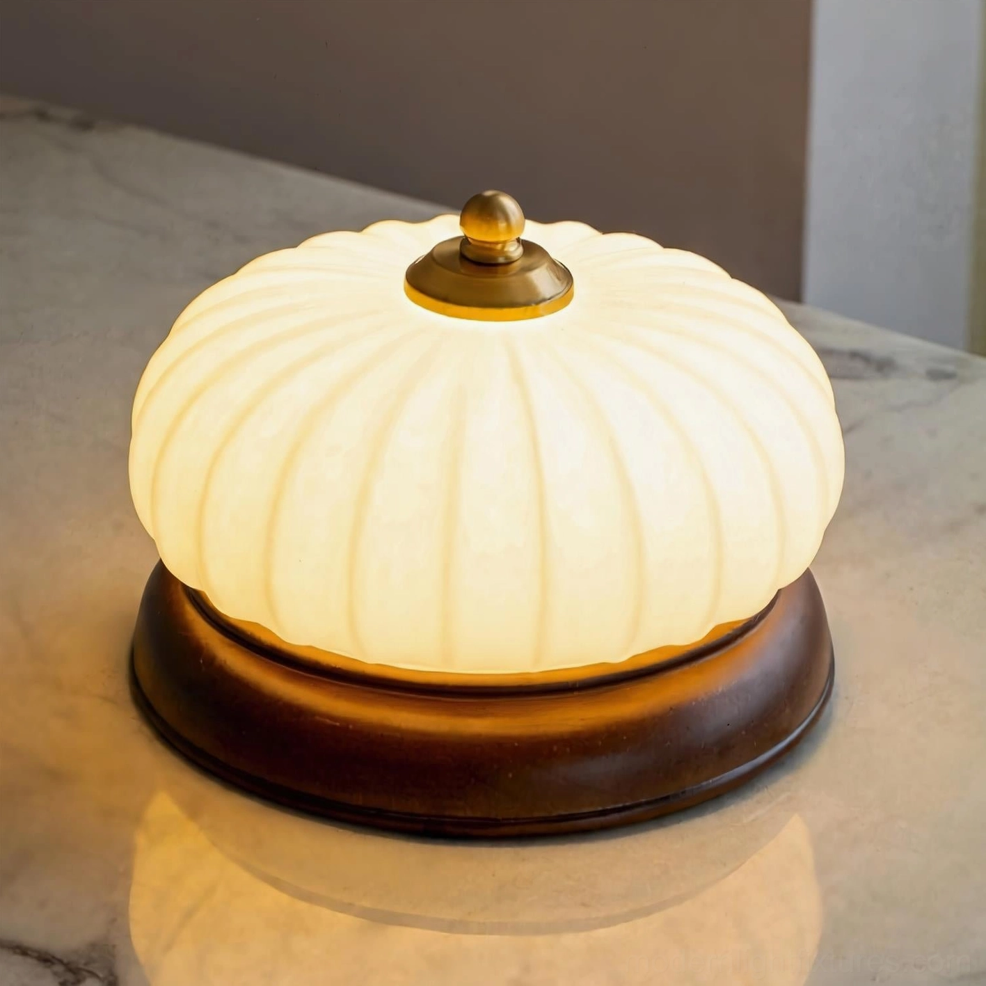 Brioche ribbed glass ceiling light fixture in warm walnut and brass finish room showcase