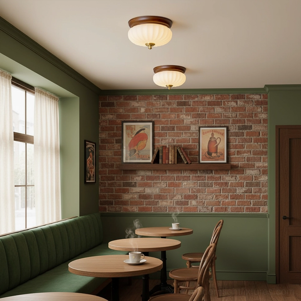 Twin Brioche ribbed glass ceiling lamps installed in vintage brick wall cafe creating ambient lighting